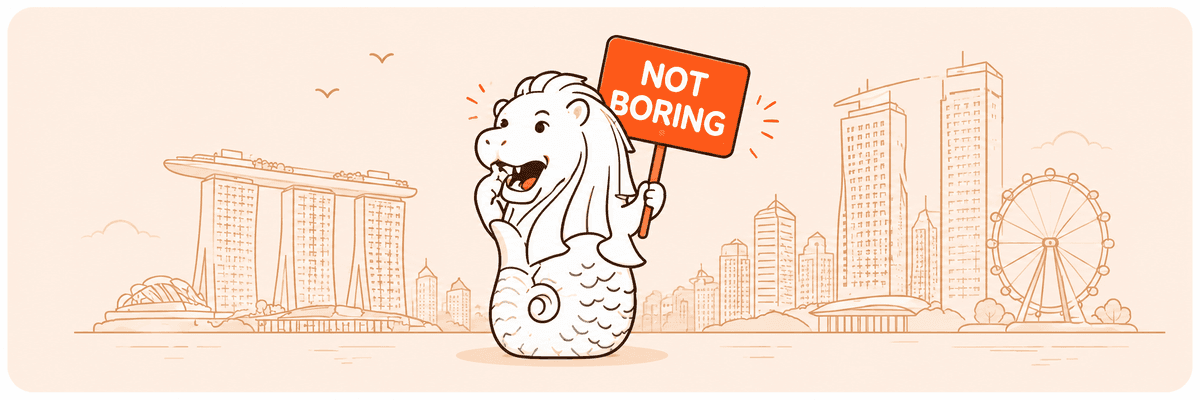 Merlion holding a NOT BORING sign